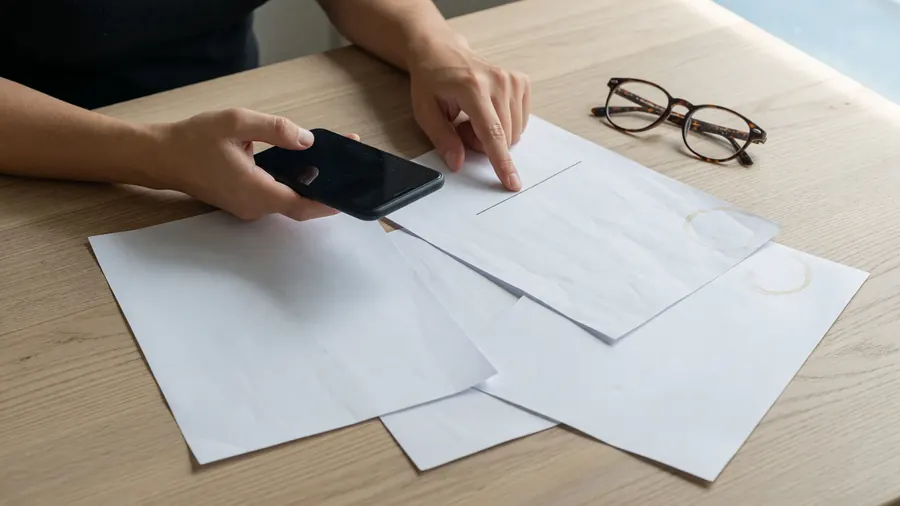 Reading offer terms on paper and phone at a desk