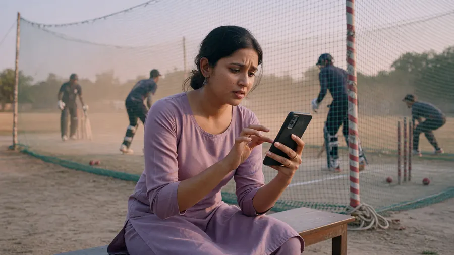 Young woman selecting a fantasy lineup beside practice nets