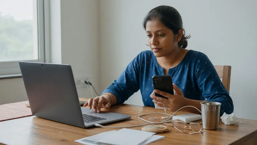 Woman troubleshooting account access with laptop and phone